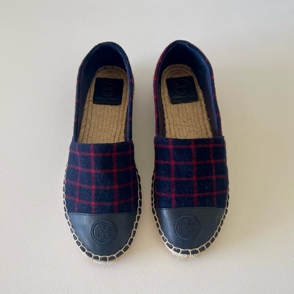 Tory Burch Shoe Espadrille Flat Plaid Check Wool Leather Holiday Blue Red 7.5 - Picture 6 of 13